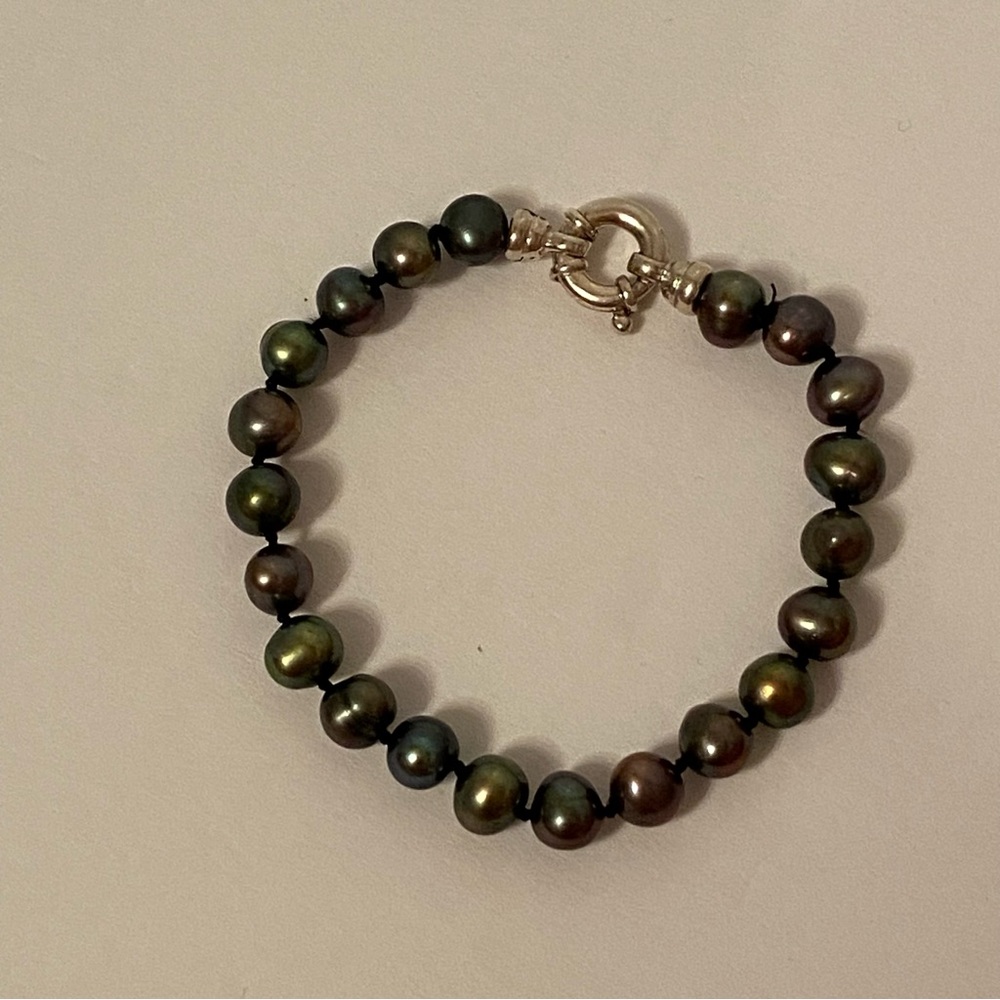 BRACELET BEADS GRAY PEACOCK FRESHWATER PEARLS STERLING SILVER 925 CLASP 7.5” - Picture 5 of 9